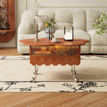 Retro Living Room Movable Coffee Table with Solid Wood Adjustable Petal Design